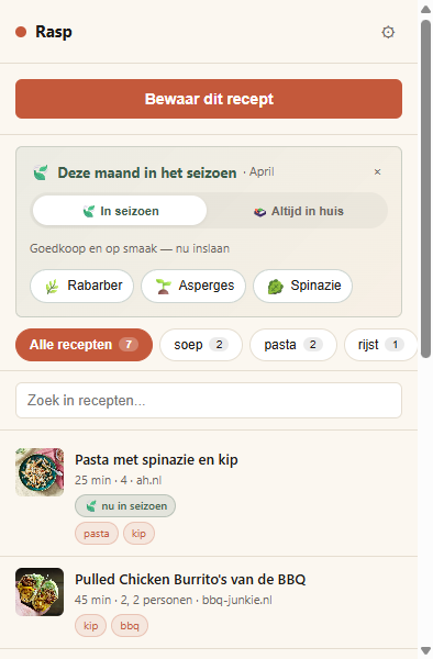 Rasp popup met recept en seizoensbox